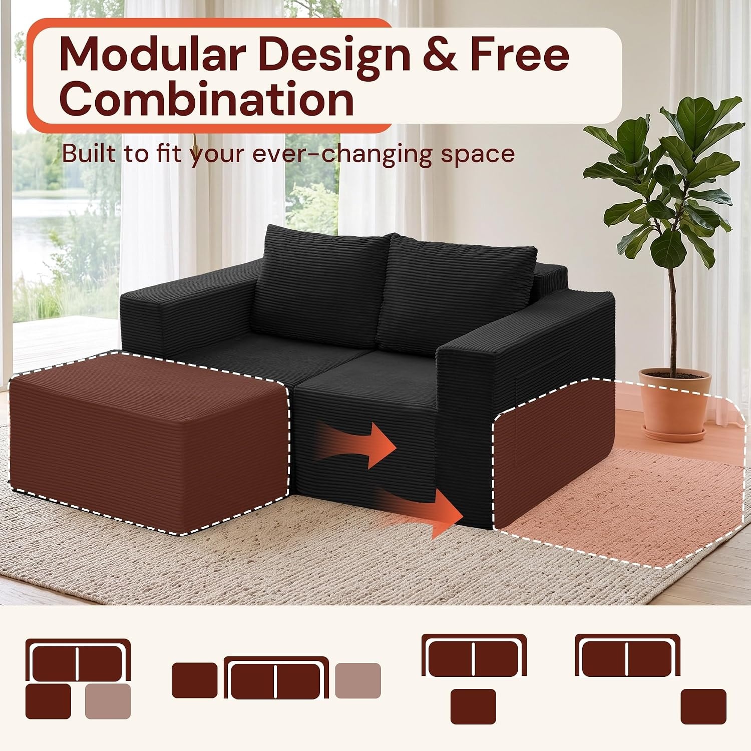 image:imageKorser Sectional Couches for Living Room Boneless Couch with Ottoman Comfy Fluffy Cloud Couch with Deep Seat Modular Sectional Sofa with Side Pockets No Assembly L Shaped Couch CorduroyBlack