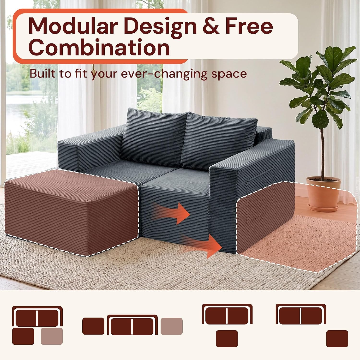 image:imageKorser Sectional Couches for Living Room Boneless Couch with Ottoman Comfy Fluffy Cloud Couch with Deep Seat Modular Sectional Sofa with Side Pockets No Assembly L Shaped Couch CorduroyDark Gray
