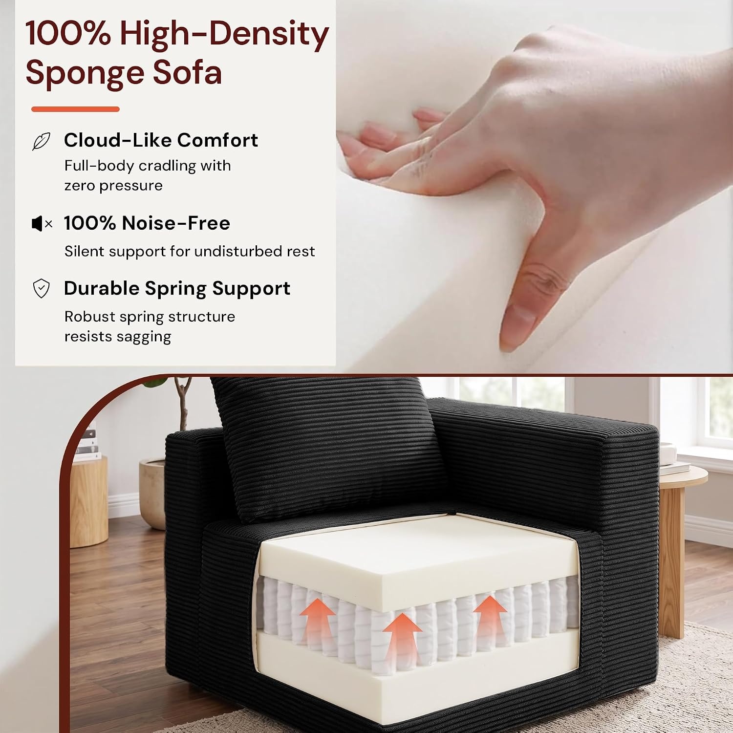 image:imageKorser Sectional Couches for Living Room Boneless Couch with Ottoman Comfy Fluffy Cloud Couch with Deep Seat Modular Sectional Sofa with Side Pockets No Assembly L Shaped Couch CorduroyBlack