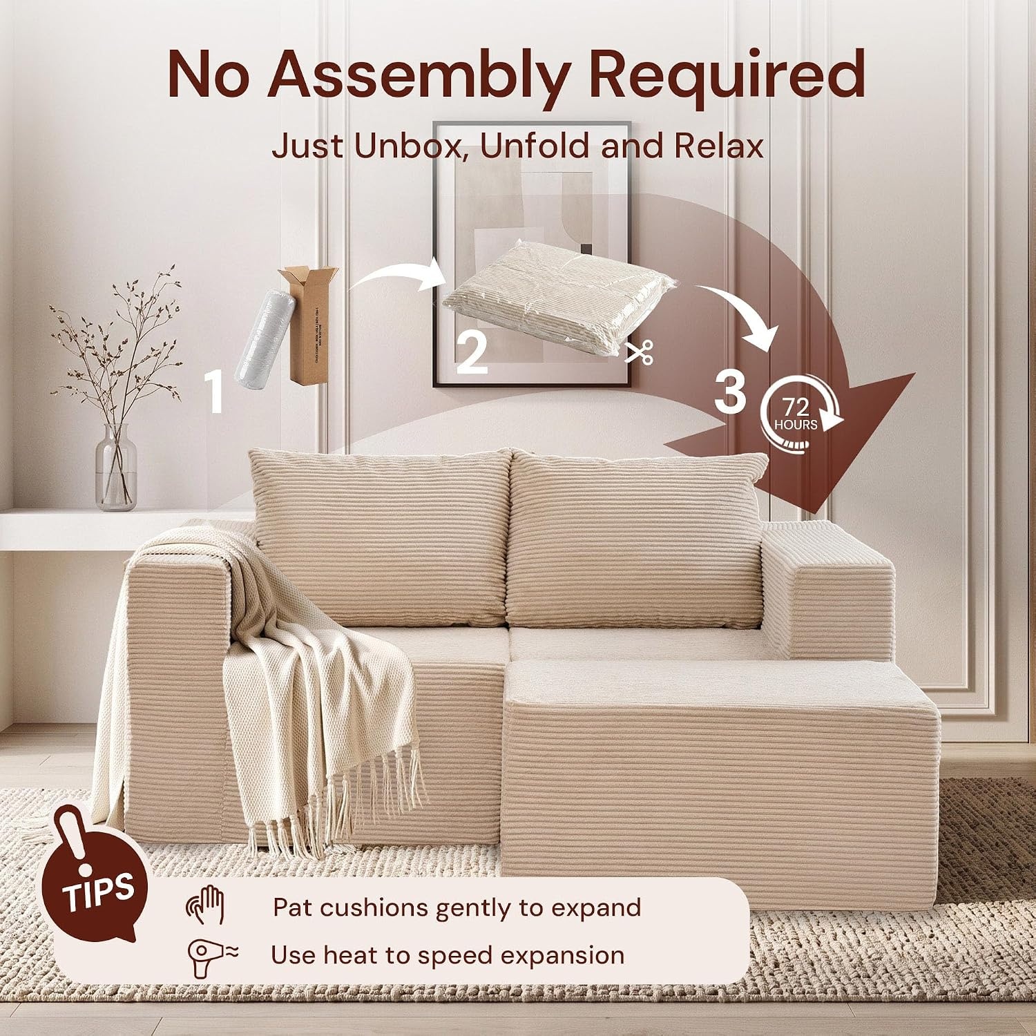 image:imageKorser Sectional Couches for Living Room Boneless Couch with Ottoman Comfy Fluffy Cloud Couch with Deep Seat Modular Sectional Sofa with Side Pockets No Assembly L Shaped Couch CorduroyBeige