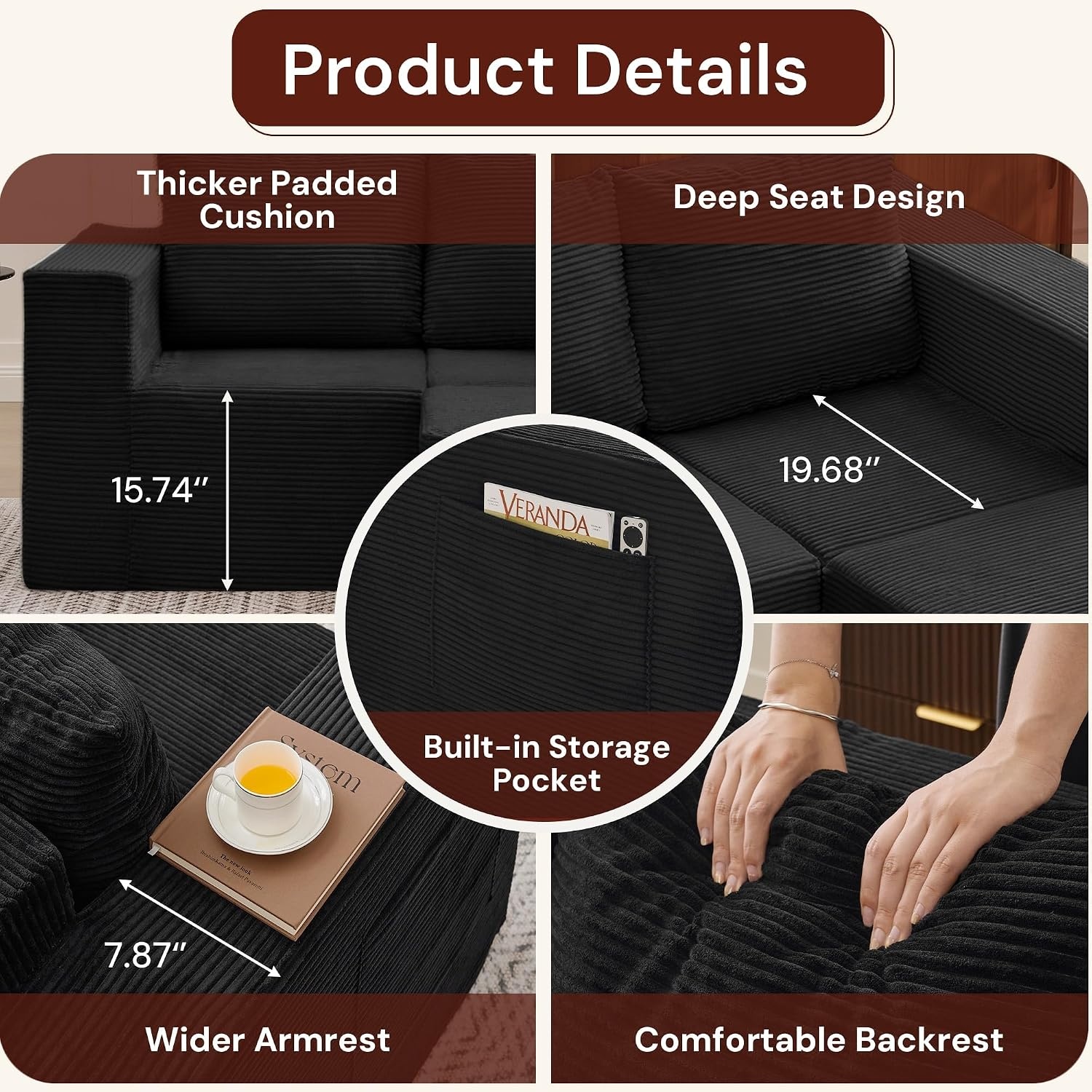 image:imageKorser Sectional Couches for Living Room Boneless Couch with Ottoman Comfy Fluffy Cloud Couch with Deep Seat Modular Sectional Sofa with Side Pockets No Assembly L Shaped Couch CorduroyBlack