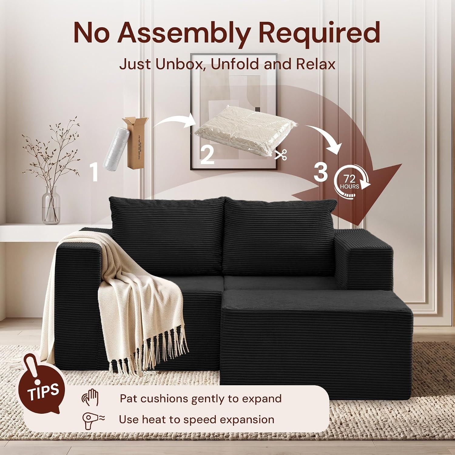 image:imageKorser Sectional Couches for Living Room Boneless Couch with Ottoman Comfy Fluffy Cloud Couch with Deep Seat Modular Sectional Sofa with Side Pockets No Assembly L Shaped Couch CorduroyBlack