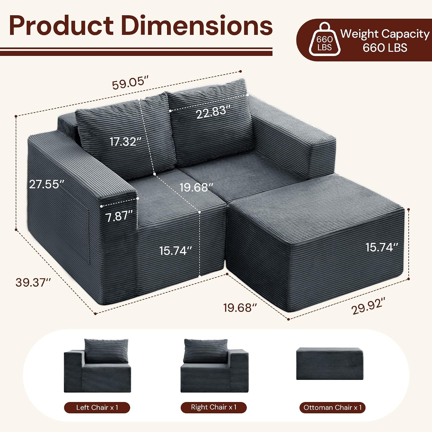 image:imageKorser Sectional Couches for Living Room Boneless Couch with Ottoman Comfy Fluffy Cloud Couch with Deep Seat Modular Sectional Sofa with Side Pockets No Assembly L Shaped Couch CorduroyDark Gray