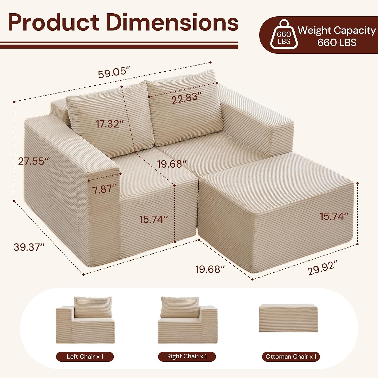 image:imageKorser Sectional Couches for Living Room Boneless Couch with Ottoman Comfy Fluffy Cloud Couch with Deep Seat Modular Sectional Sofa with Side Pockets No Assembly L Shaped Couch CorduroyBeige