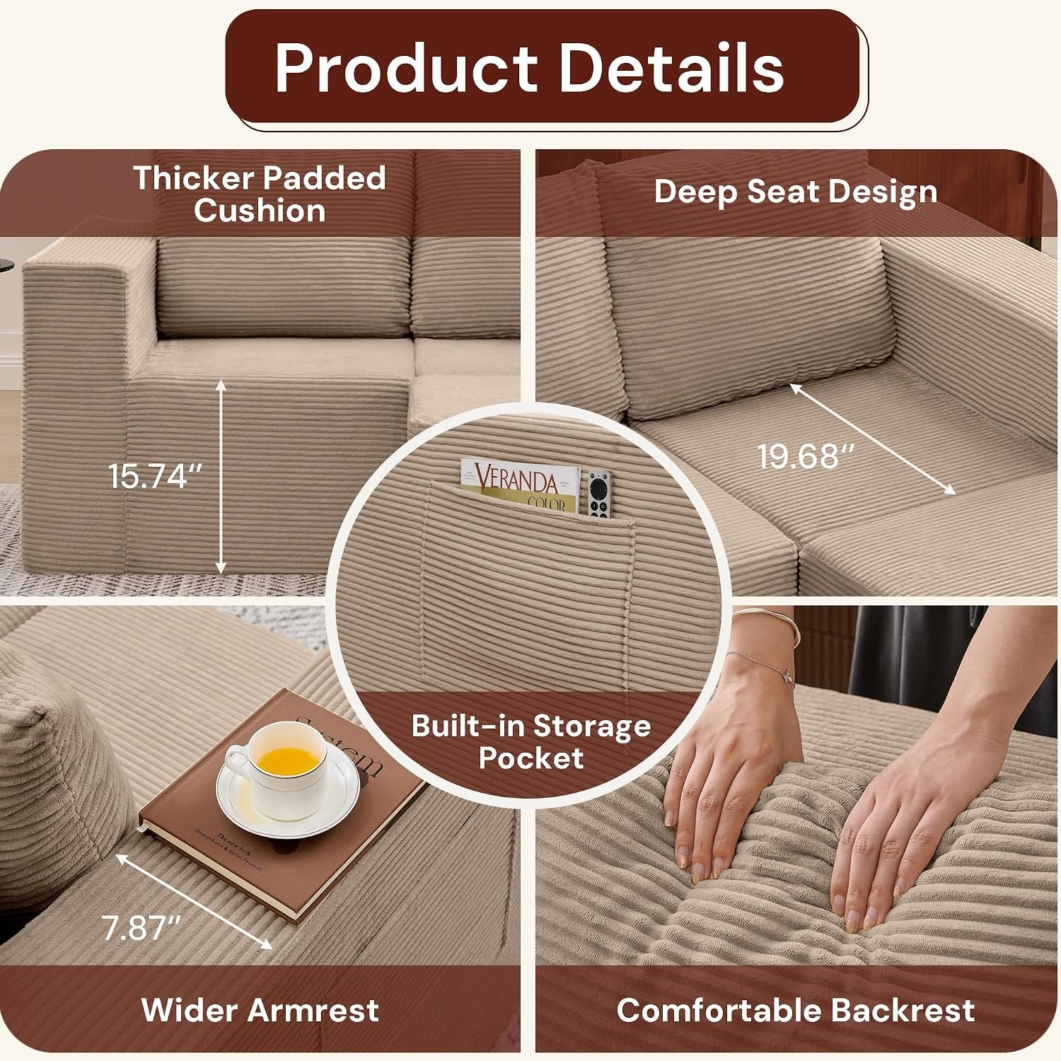 image:imageKorser Sectional Couches for Living Room Boneless Couch with Ottoman Comfy Fluffy Cloud Couch with Deep Seat Modular Sectional Sofa with Side Pockets No Assembly L Shaped Couch CorduroyKhaki
