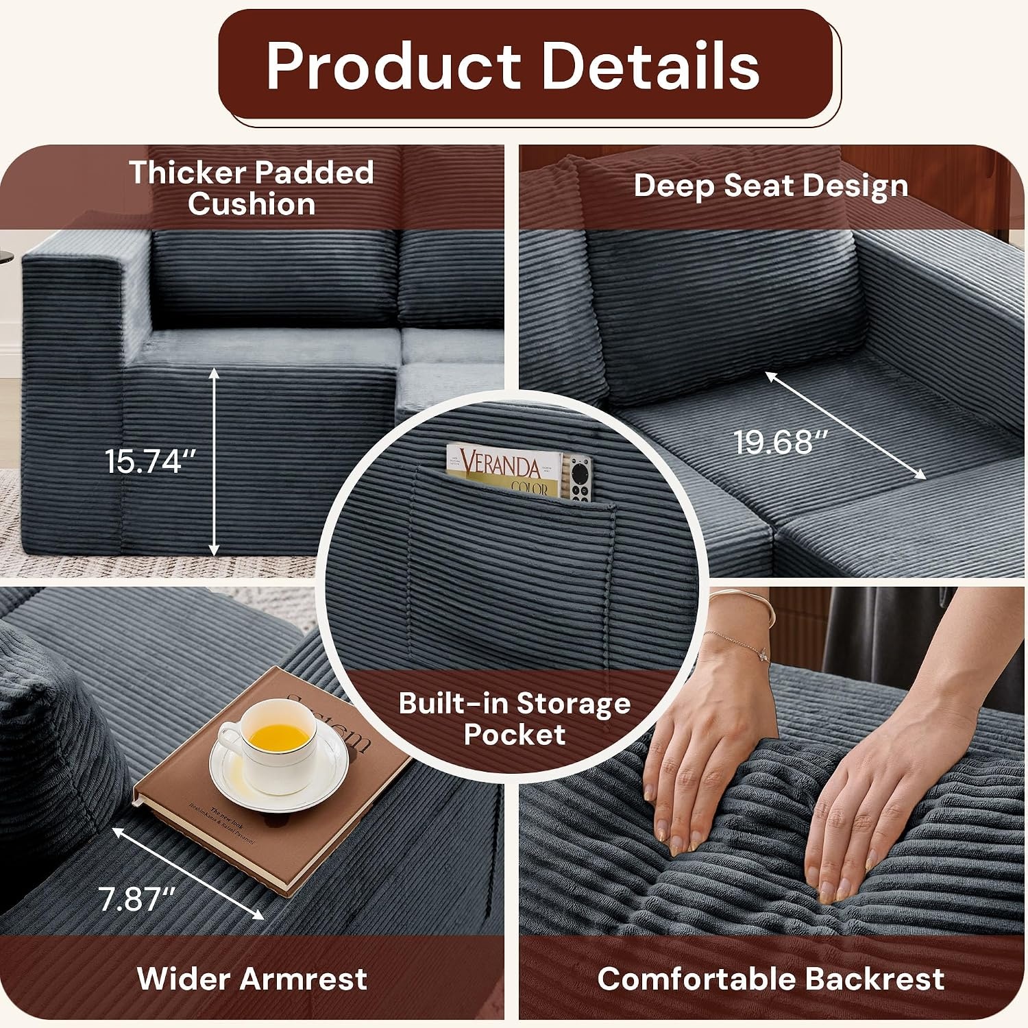 image:imageKorser Sectional Couches for Living Room Boneless Couch with Ottoman Comfy Fluffy Cloud Couch with Deep Seat Modular Sectional Sofa with Side Pockets No Assembly L Shaped Couch CorduroyDark Gray