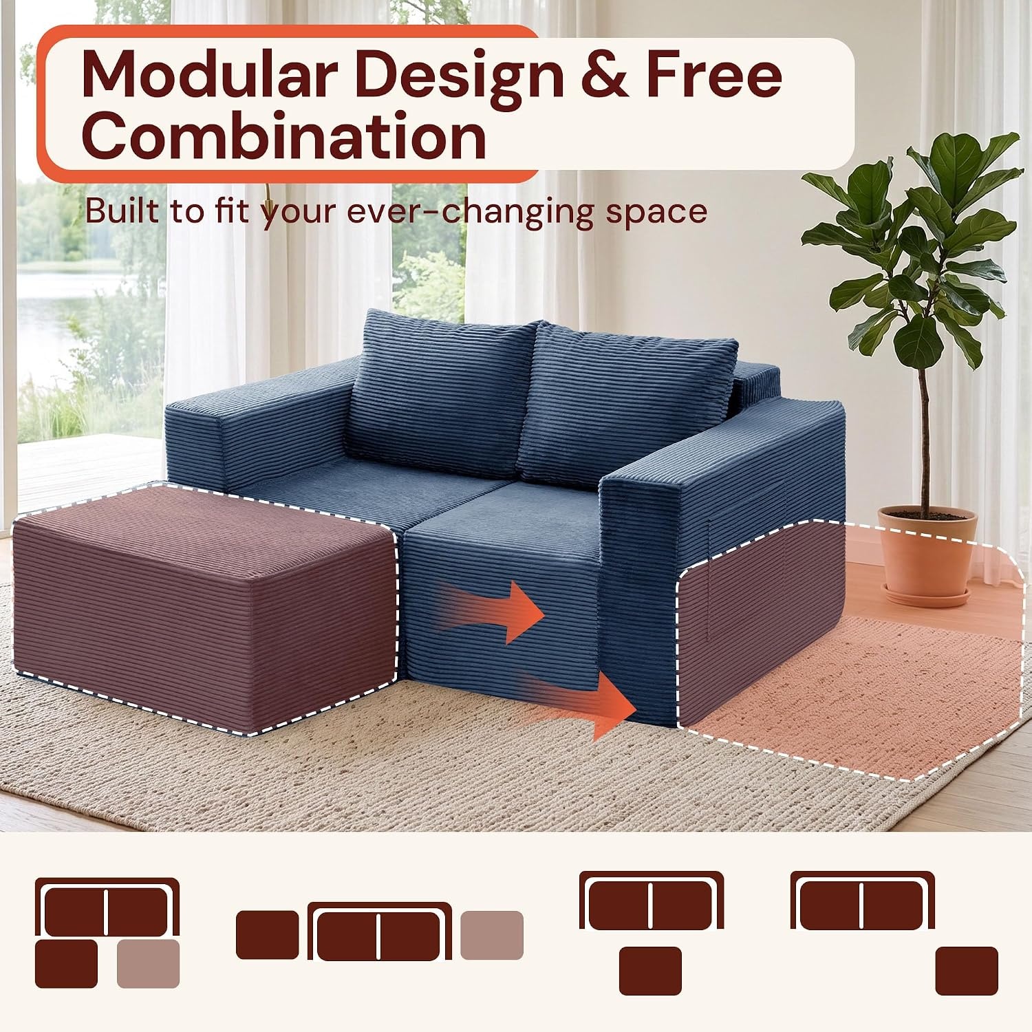 image:imageKorser Sectional Couches for Living Room Boneless Couch with Ottoman Comfy Fluffy Cloud Couch with Deep Seat Modular Sectional Sofa with Side Pockets No Assembly L Shaped Couch CorduroyBlue