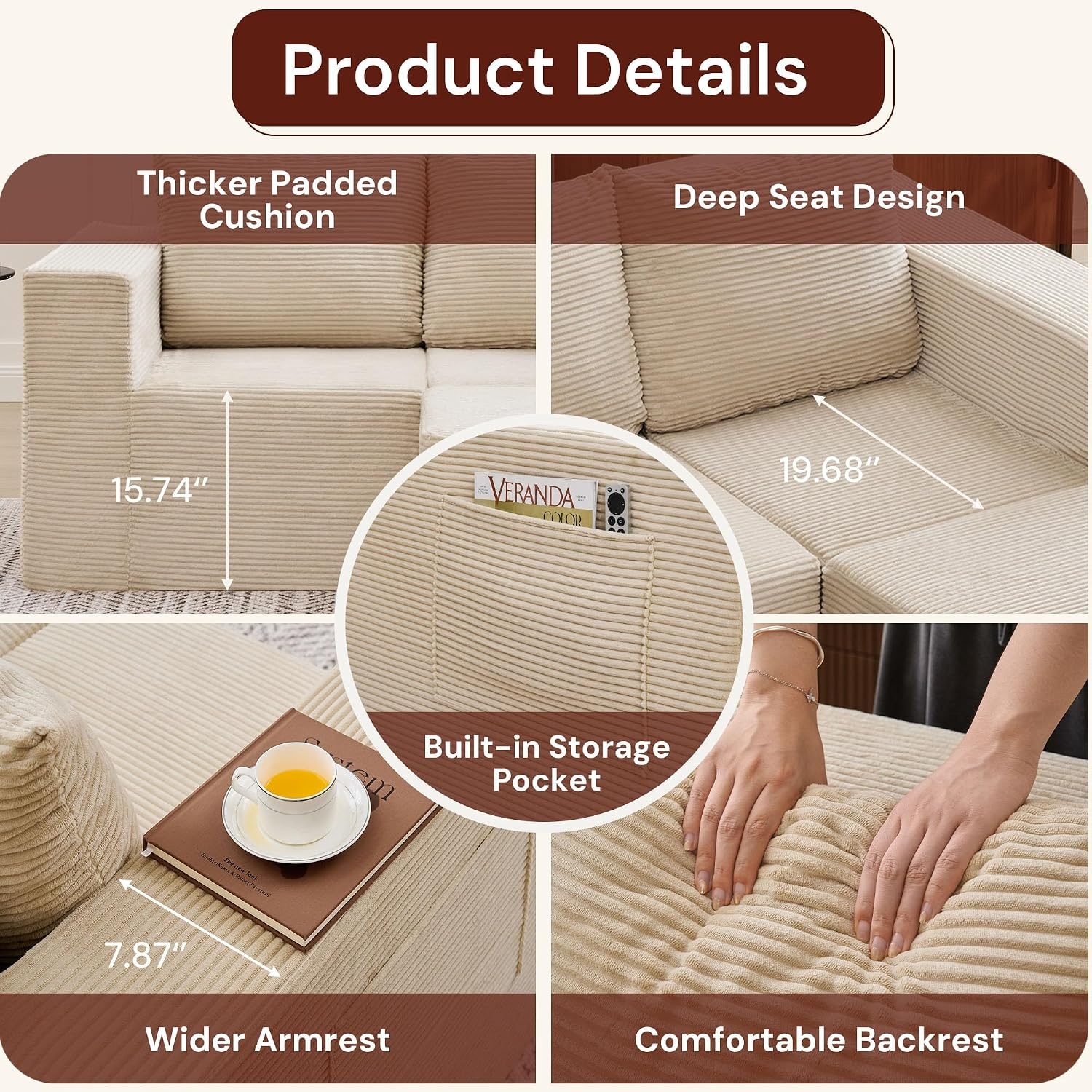 image:imageKorser Sectional Couches for Living Room Boneless Couch with Ottoman Comfy Fluffy Cloud Couch with Deep Seat Modular Sectional Sofa with Side Pockets No Assembly L Shaped Couch CorduroyBeige