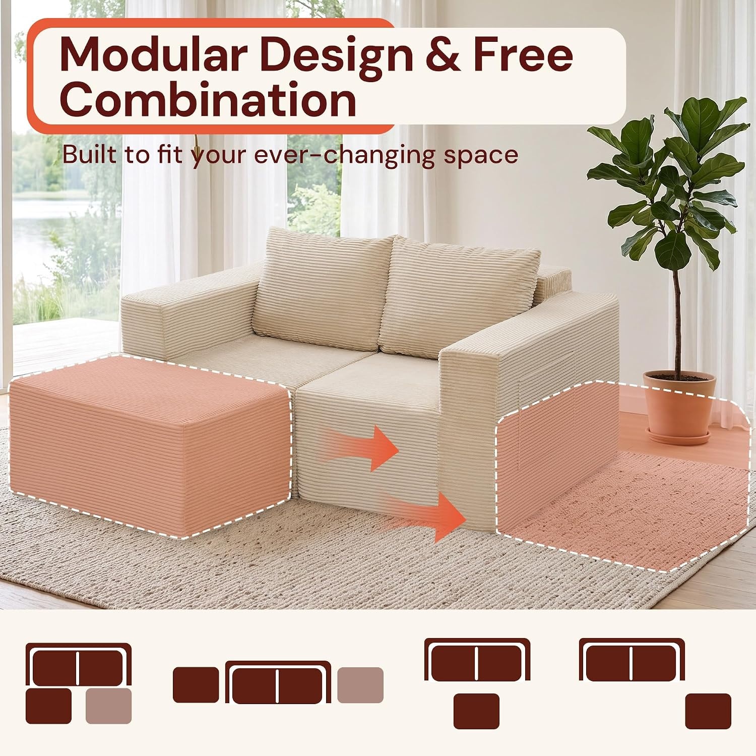 image:imageKorser Sectional Couches for Living Room Boneless Couch with Ottoman Comfy Fluffy Cloud Couch with Deep Seat Modular Sectional Sofa with Side Pockets No Assembly L Shaped Couch CorduroyBeige