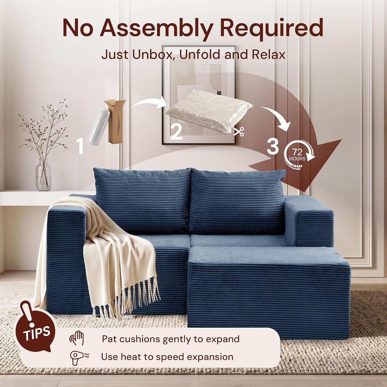 image:imageKorser Sectional Couches for Living Room Boneless Couch with Ottoman Comfy Fluffy Cloud Couch with Deep Seat Modular Sectional Sofa with Side Pockets No Assembly L Shaped Couch CorduroyBlue