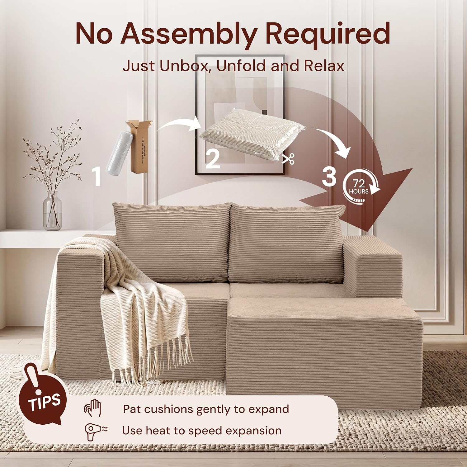image:imageKorser Sectional Couches for Living Room Boneless Couch with Ottoman Comfy Fluffy Cloud Couch with Deep Seat Modular Sectional Sofa with Side Pockets No Assembly L Shaped Couch CorduroyKhaki