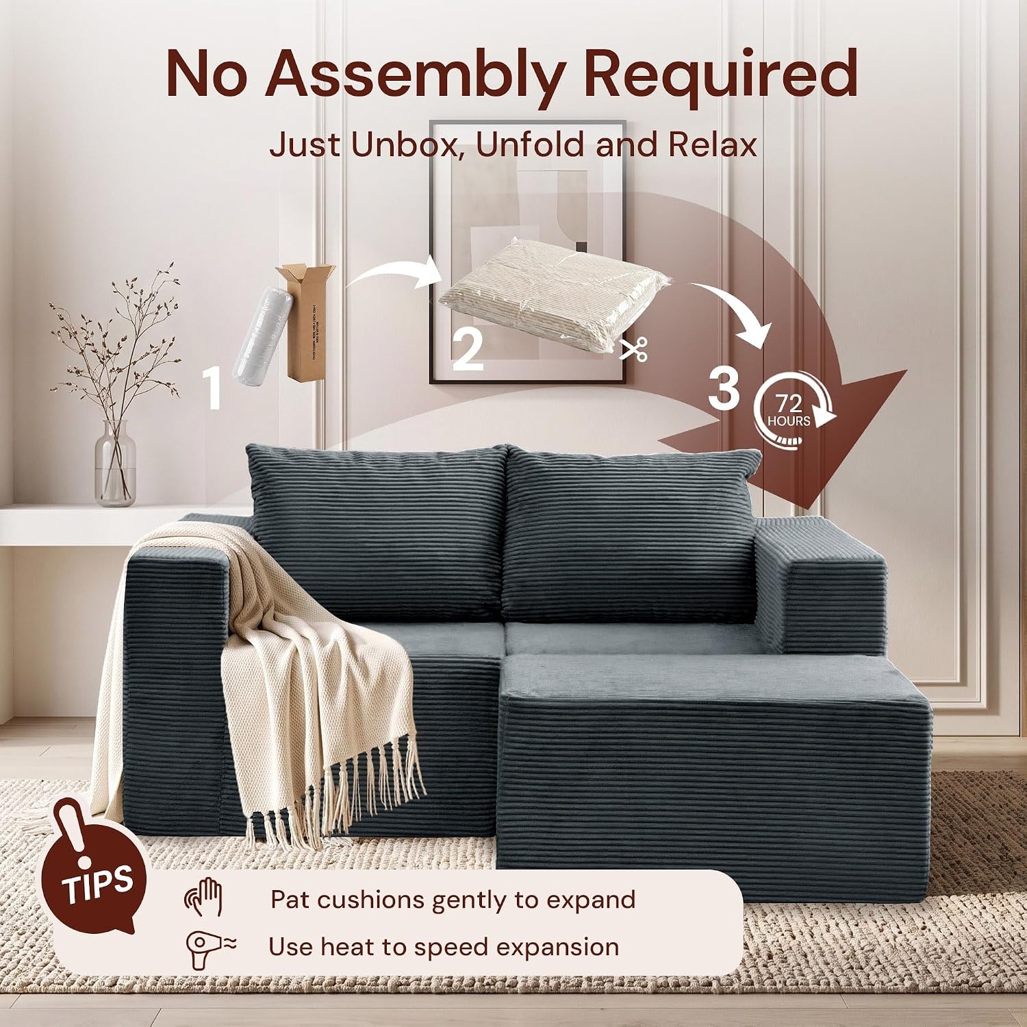image:imageKorser Sectional Couches for Living Room Boneless Couch with Ottoman Comfy Fluffy Cloud Couch with Deep Seat Modular Sectional Sofa with Side Pockets No Assembly L Shaped Couch CorduroyDark Gray