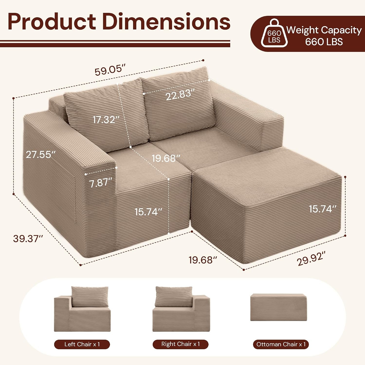 image:imageKorser Sectional Couches for Living Room Boneless Couch with Ottoman Comfy Fluffy Cloud Couch with Deep Seat Modular Sectional Sofa with Side Pockets No Assembly L Shaped Couch CorduroyKhaki
