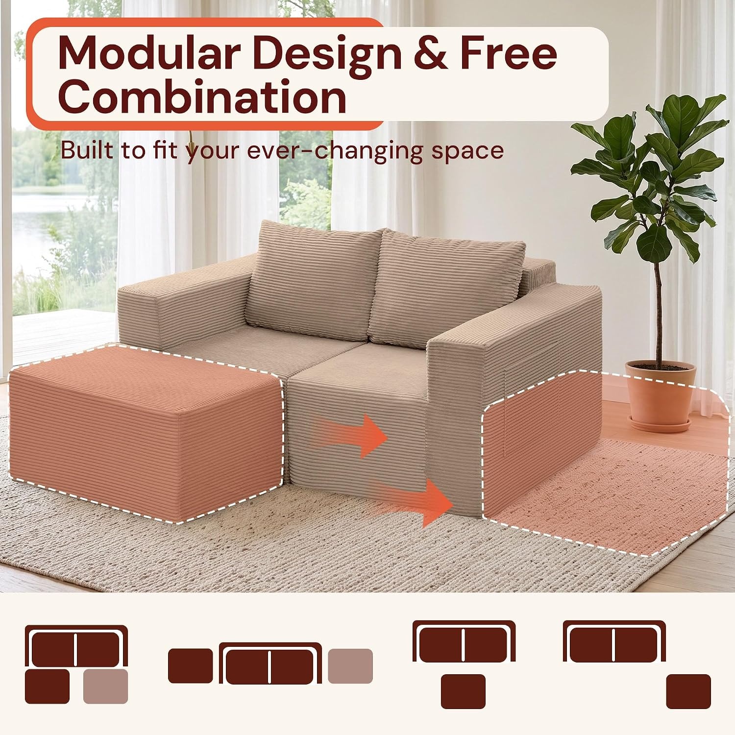 image:imageKorser Sectional Couches for Living Room Boneless Couch with Ottoman Comfy Fluffy Cloud Couch with Deep Seat Modular Sectional Sofa with Side Pockets No Assembly L Shaped Couch CorduroyKhaki