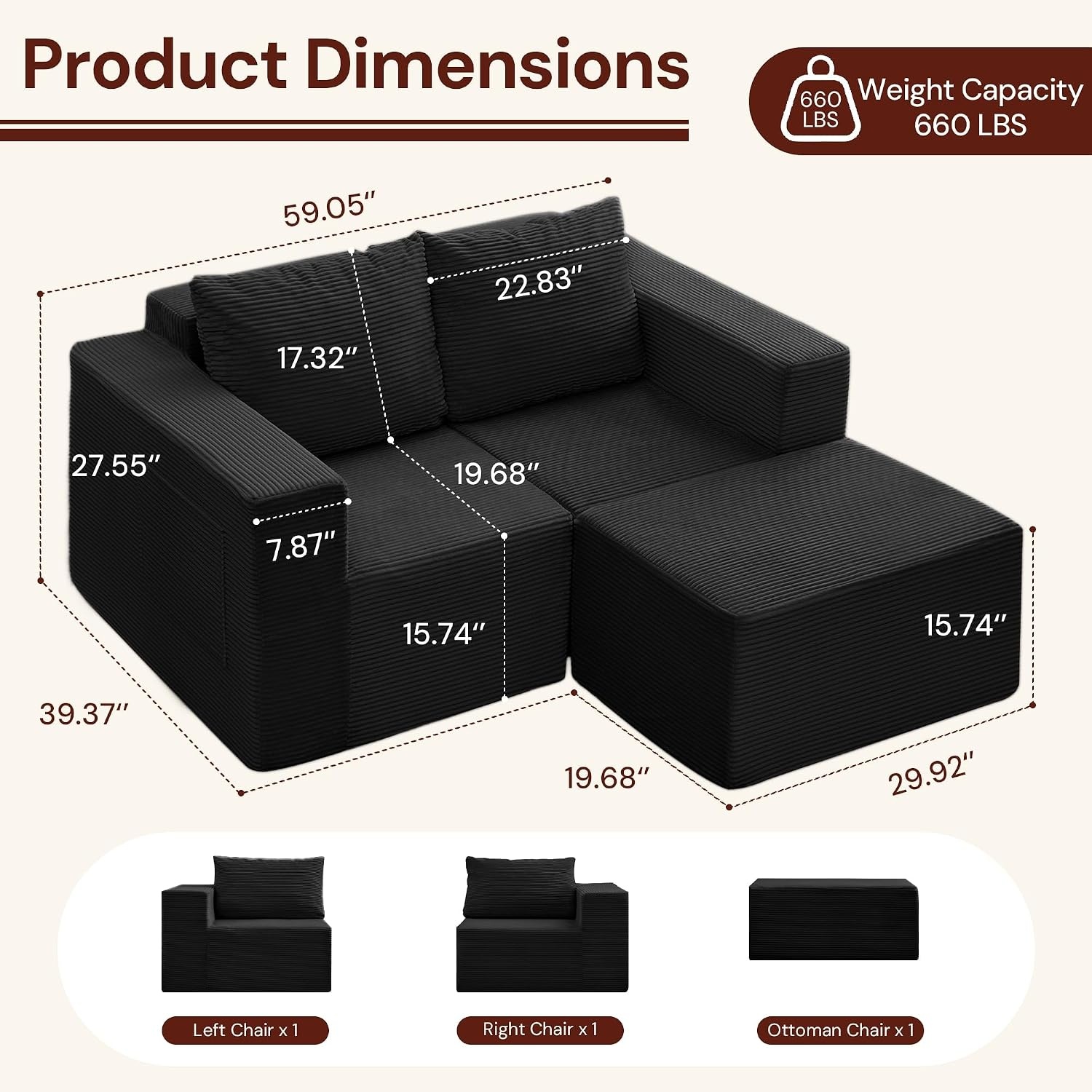 image:imageKorser Sectional Couches for Living Room Boneless Couch with Ottoman Comfy Fluffy Cloud Couch with Deep Seat Modular Sectional Sofa with Side Pockets No Assembly L Shaped Couch CorduroyBlack