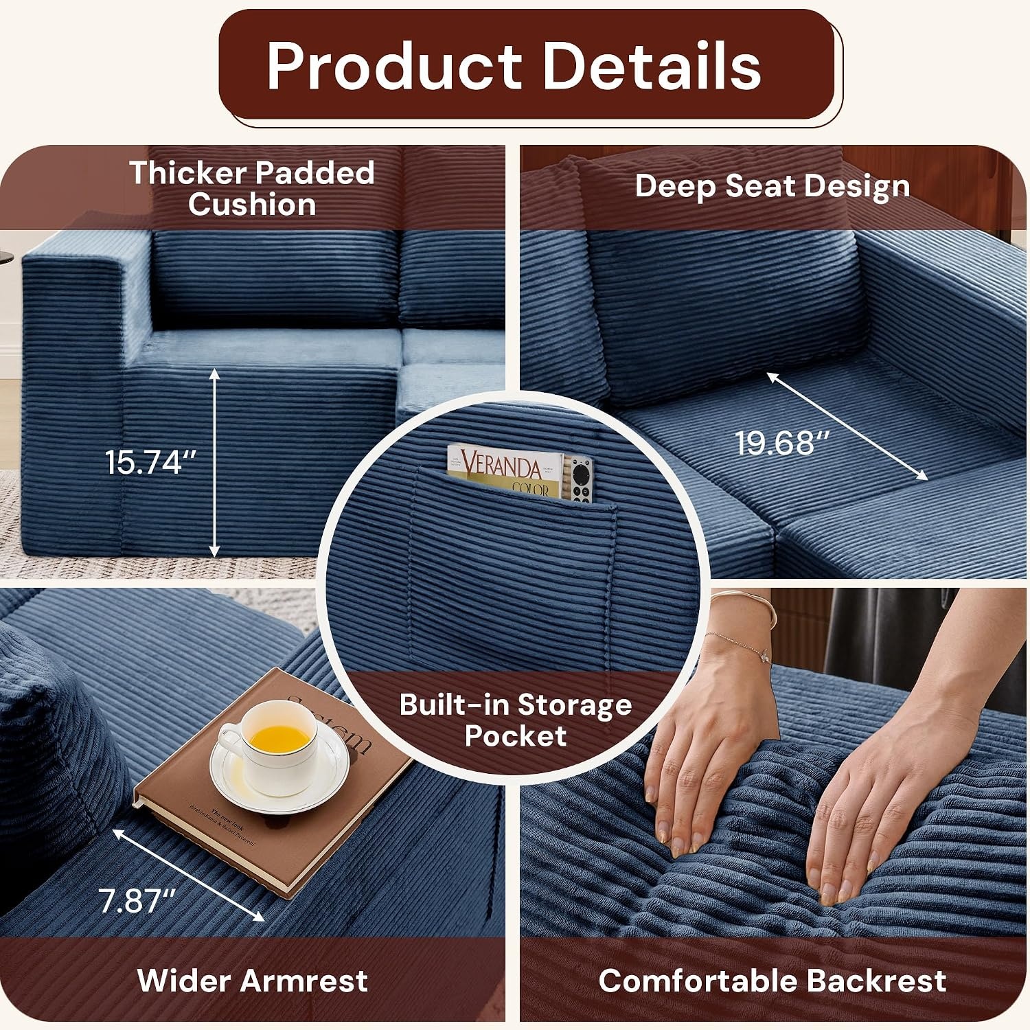 image:imageKorser Sectional Couches for Living Room Boneless Couch with Ottoman Comfy Fluffy Cloud Couch with Deep Seat Modular Sectional Sofa with Side Pockets No Assembly L Shaped Couch CorduroyBlue