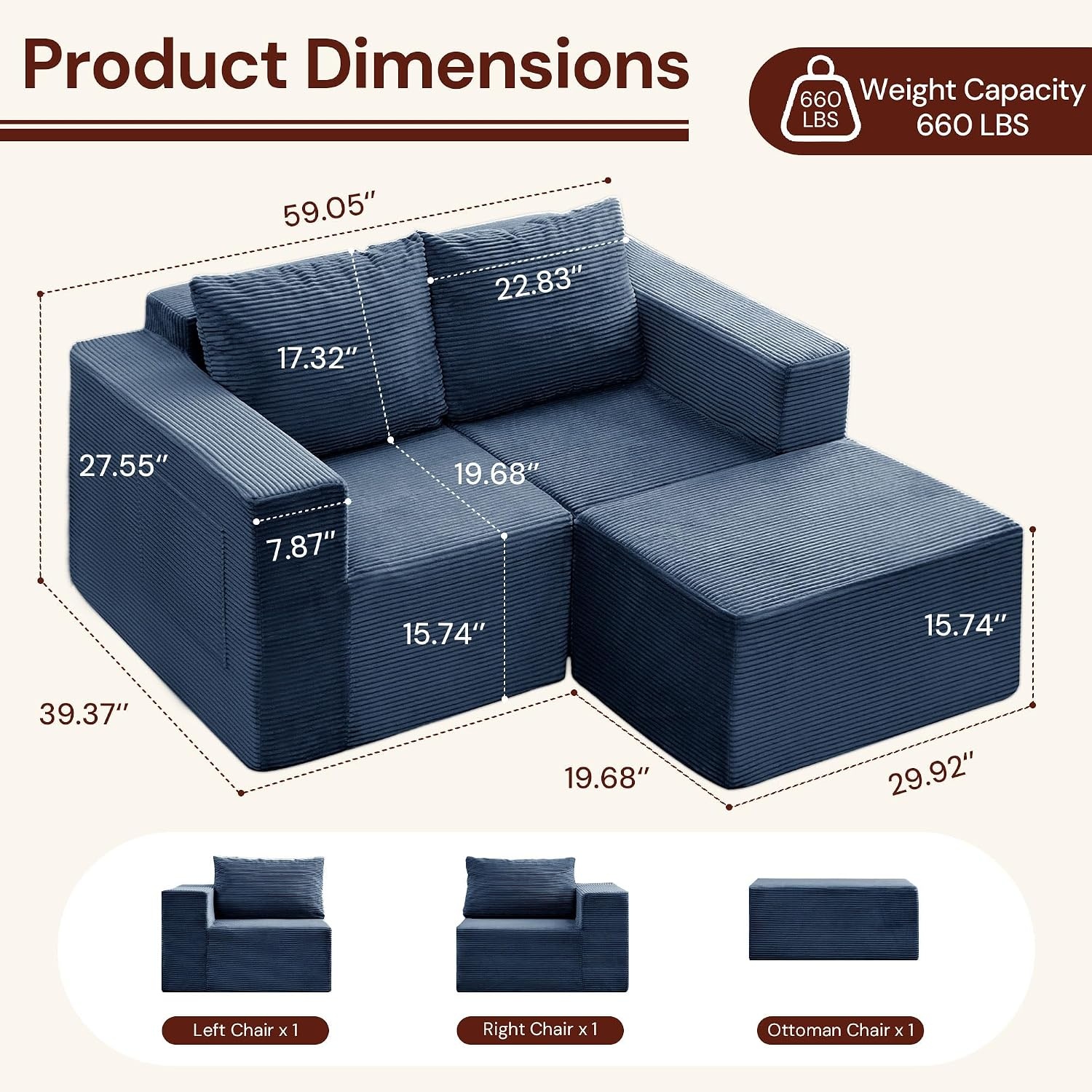 image:imageKorser Sectional Couches for Living Room Boneless Couch with Ottoman Comfy Fluffy Cloud Couch with Deep Seat Modular Sectional Sofa with Side Pockets No Assembly L Shaped Couch CorduroyBlue