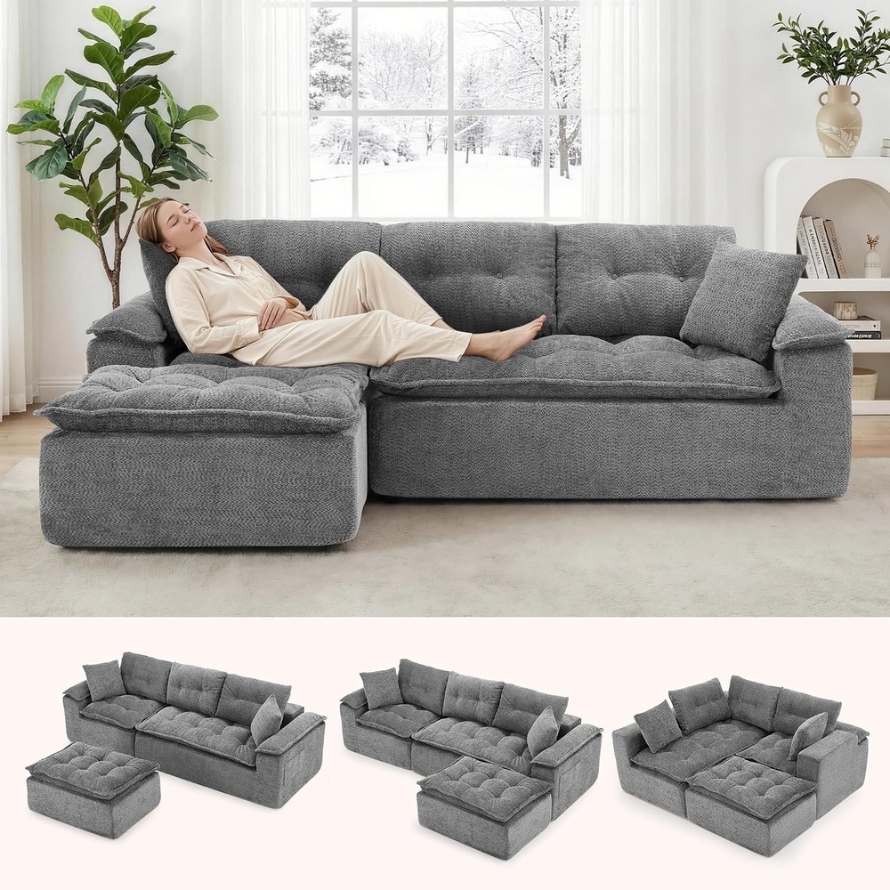 image:imageKorser 110 Cloud Sectional Couch with Ottoman Modern Modular Sectional Sofa with Deep Seat Upholstered Boneless Couch for Living Room L Shaped Sofa with Layered Cushion Beige No AssemblyGrey