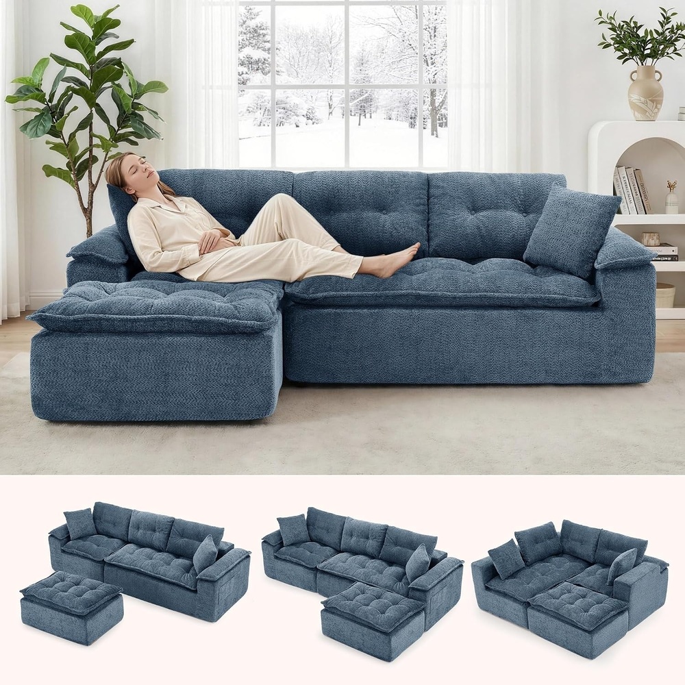 image:imageKorser 110 Cloud Sectional Couch with Ottoman Modern Modular Sectional Sofa with Deep Seat Upholstered Boneless Couch for Living Room L Shaped Sofa with Layered Cushion Beige No AssemblyBlue