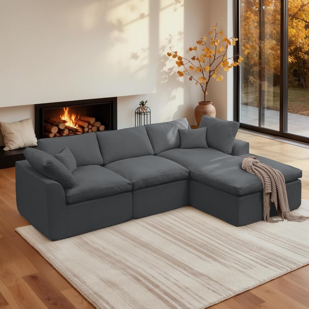 image:imageKorser 110 Cloud Sectional Couches for Living Room Modern Modular Sectional Sofa with Ottoman Boneless Cloud Couch with Comfy Deep Seats Fluffy Chenille LShape Sofa Couch for Living Room BlackDarkgrey