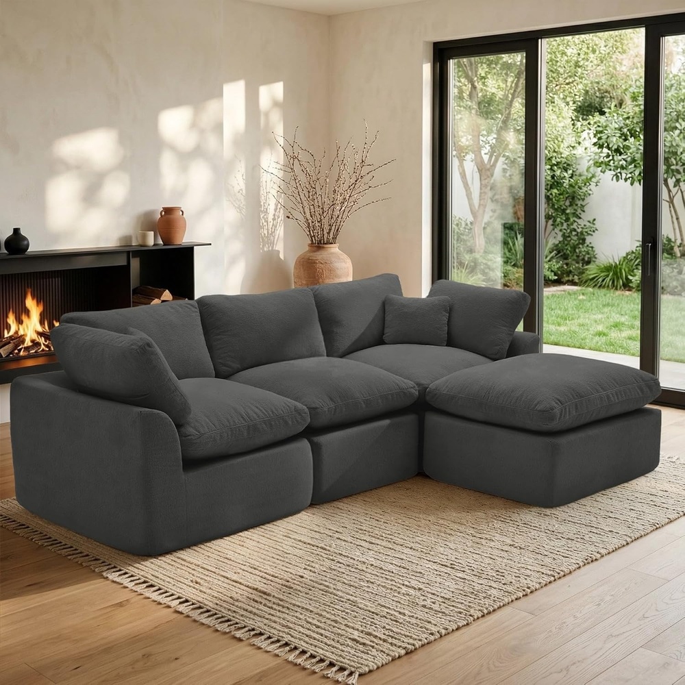 image:imageKorser 110 Cloud Sectional Couches for Living Room Modern Modular Sectional Sofa with Ottoman Boneless Cloud Couch with Comfy Deep Seats Fluffy Chenille LShape Sofa Couch for Living Room BlackGrey