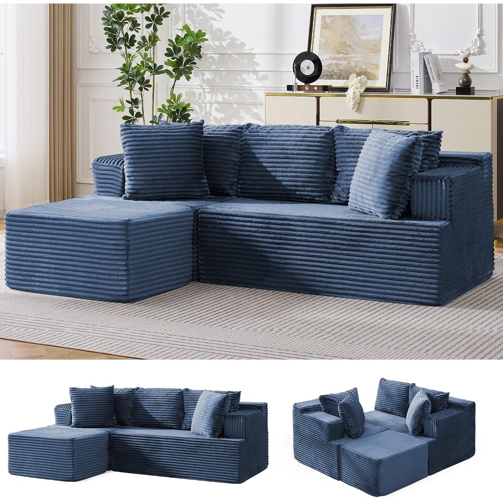 image:imageKorser 110 LShaped Modular Sectional Sofa with Chaise Boneless Comfy Corduroy Fluffy Couch with Deep Seat and Side Pockets Flexible Module Combination for Living Room No Assembly Side PocketsBlue