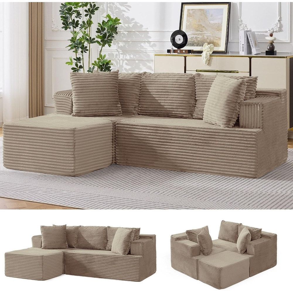image:imageKorser 110 LShaped Modular Sectional Sofa with Chaise Boneless Comfy Corduroy Fluffy Couch with Deep Seat and Side Pockets Flexible Module Combination for Living Room No Assembly Side PocketsKhaki