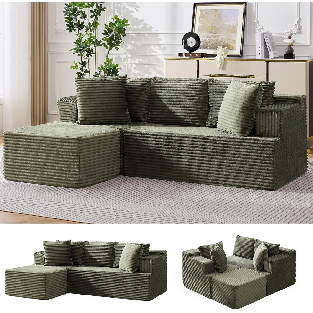image:imageKorser 110 LShaped Modular Sectional Sofa with Chaise Boneless Comfy Corduroy Fluffy Couch with Deep Seat and Side Pockets Flexible Module Combination for Living Room No Assembly Side PocketsGreen