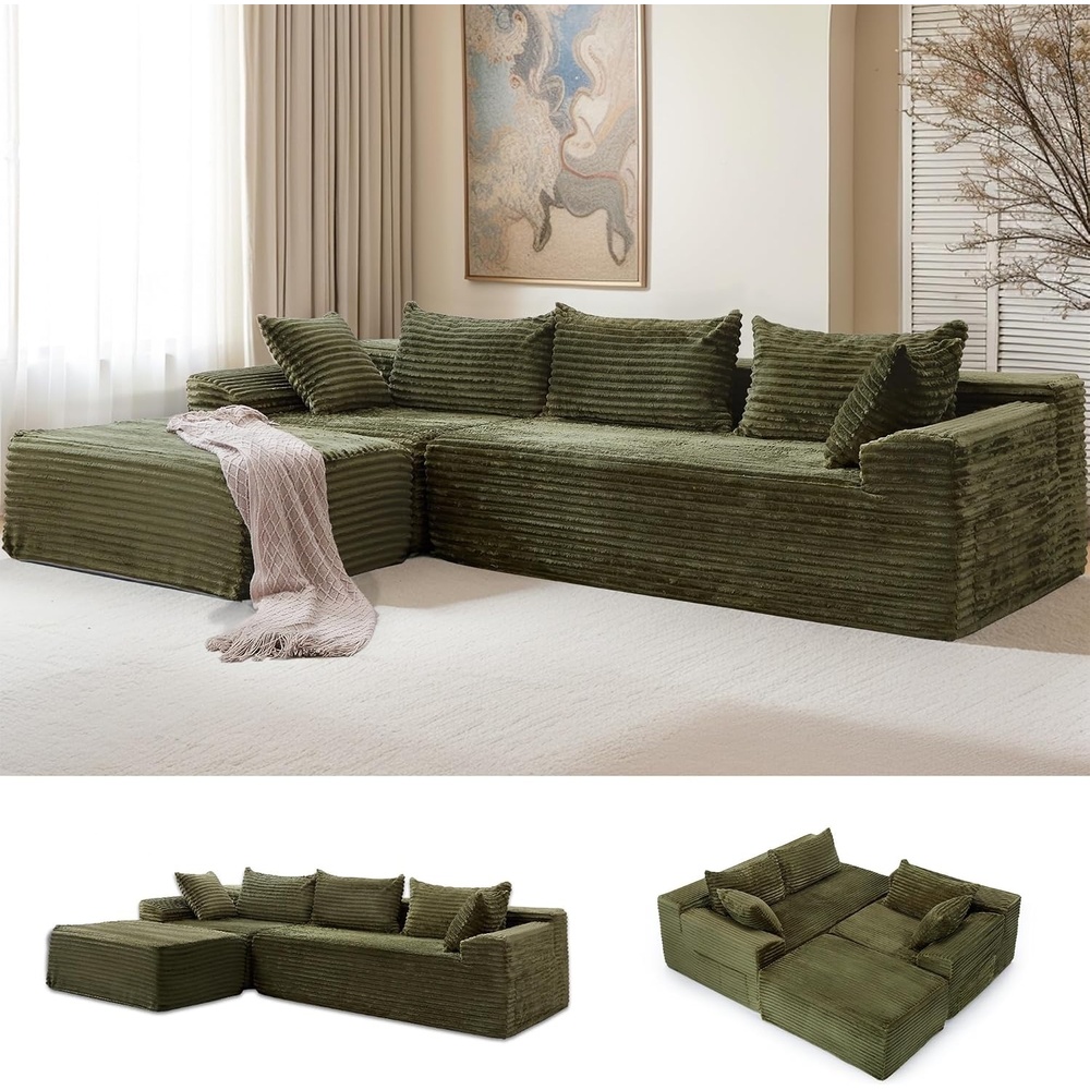 image:imageKorser 110 LShaped Modular Sectional Sofa with Chaise Boneless Comfy Corduroy Fluffy Couch with Deep Seat and Side Pockets Flexible Module Combination for Living Room No Assembly Side PocketsPeacock Green