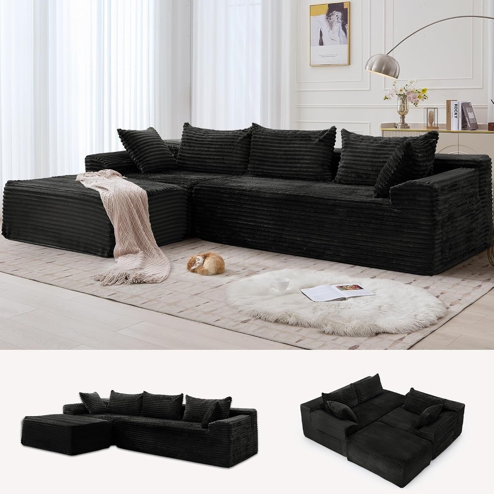 image:imageKorser 110 LShaped Modular Sectional Sofa with Chaise Boneless Comfy Corduroy Fluffy Couch with Deep Seat and Side Pockets Flexible Module Combination for Living Room No Assembly Side PocketsJet Black