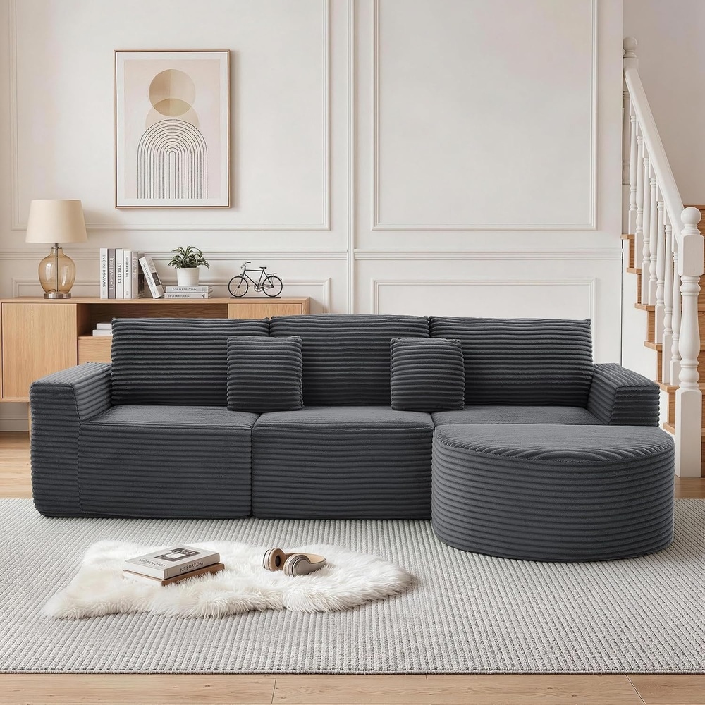 image:imageKorser 110 LShaped Modular Sectional Sofa with Chaise Fluffy Corduroy Cloud Sectional Couch with Deep Seat amp Side Pockets Comfy Upholstered Boneless Couches for Living Room No Assembly BlackGrey