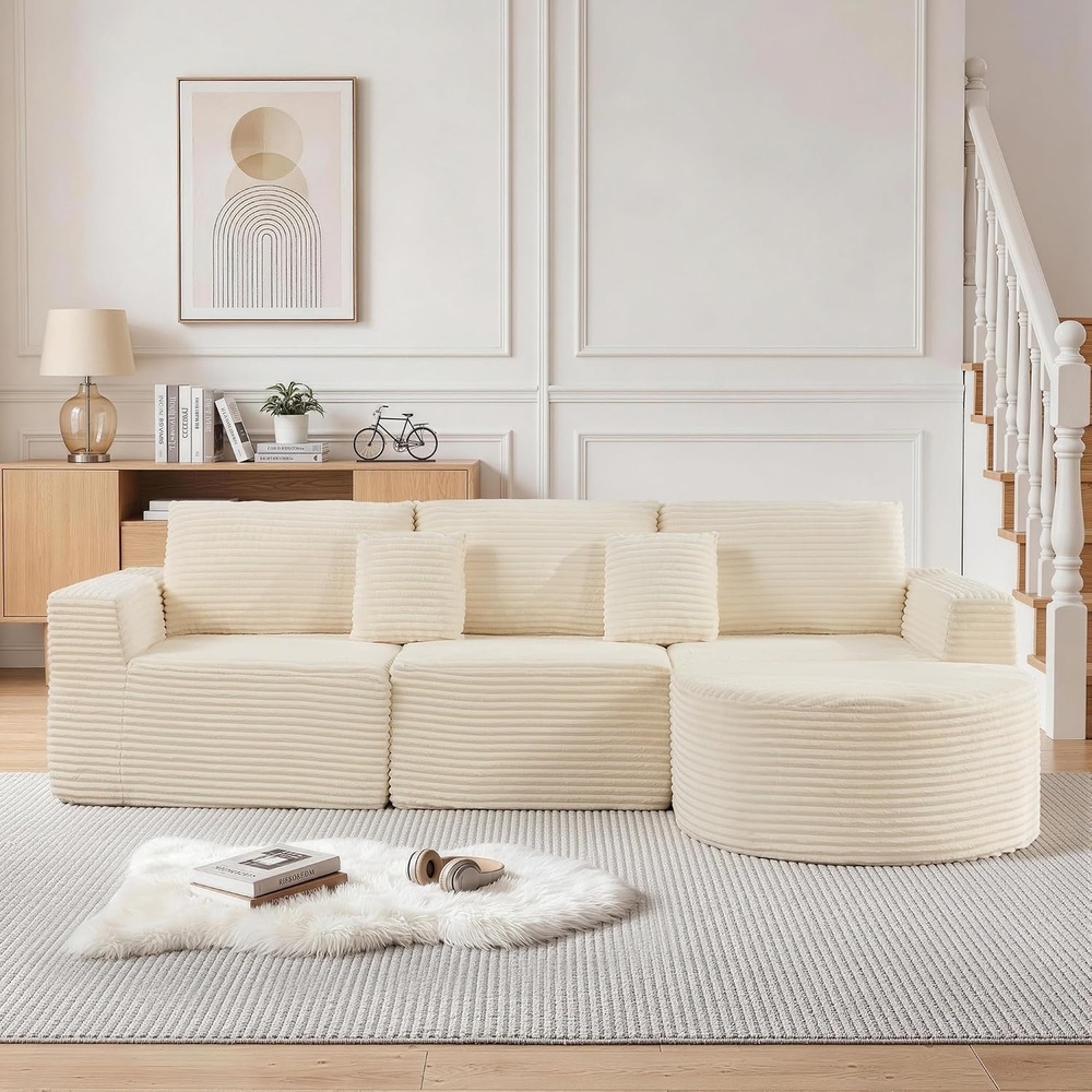 image:imageKorser 110 LShaped Modular Sectional Sofa with Chaise Fluffy Corduroy Cloud Sectional Couch with Deep Seat amp Side Pockets Comfy Upholstered Boneless Couches for Living Room No Assembly BlackBeige