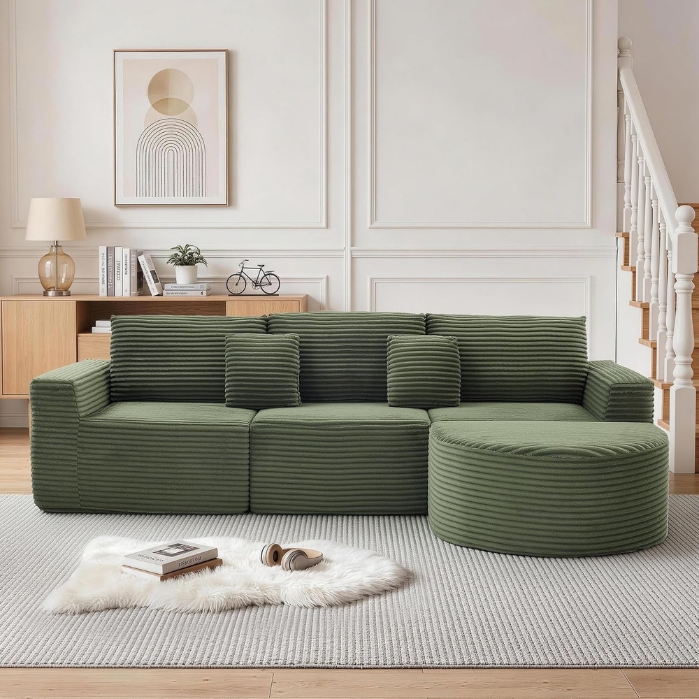 image:imageKorser 110 LShaped Modular Sectional Sofa with Chaise Fluffy Corduroy Cloud Sectional Couch with Deep Seat amp Side Pockets Comfy Upholstered Boneless Couches for Living Room No Assembly BlackGreen