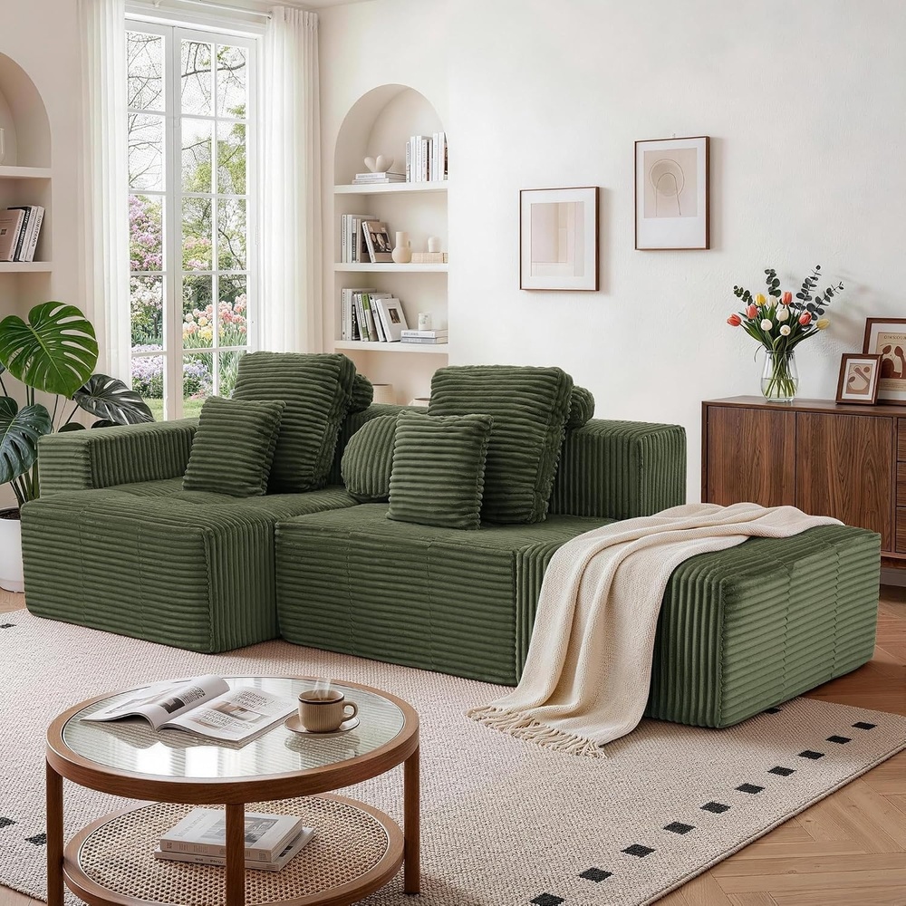 image:imageKorser 118 Cloud Sectional Couches with Chaise Boneless Couch with Ottoman Modular Sectional Sofa with Deep Seat No Assembly Required Upholstered Corduroy Boneless Couches for Living Room BlackGreen