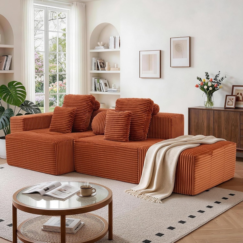 image:imageKorser 118 Cloud Sectional Couches with Chaise Boneless Couch with Ottoman Modular Sectional Sofa with Deep Seat No Assembly Required Upholstered Corduroy Boneless Couches for Living Room BlackOrange