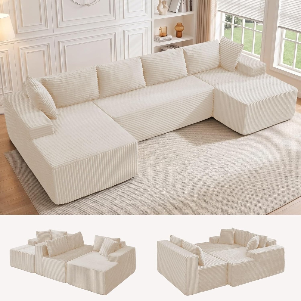 image:imageKorser 133 Oversized Modular Sectional Sofa UShaped Boneless Couch with Double Chaise Comfy Corduroy Cloud Couch Sectional Deep Seat Sectional Couches for Living Room No Assembly Required BlackBeige