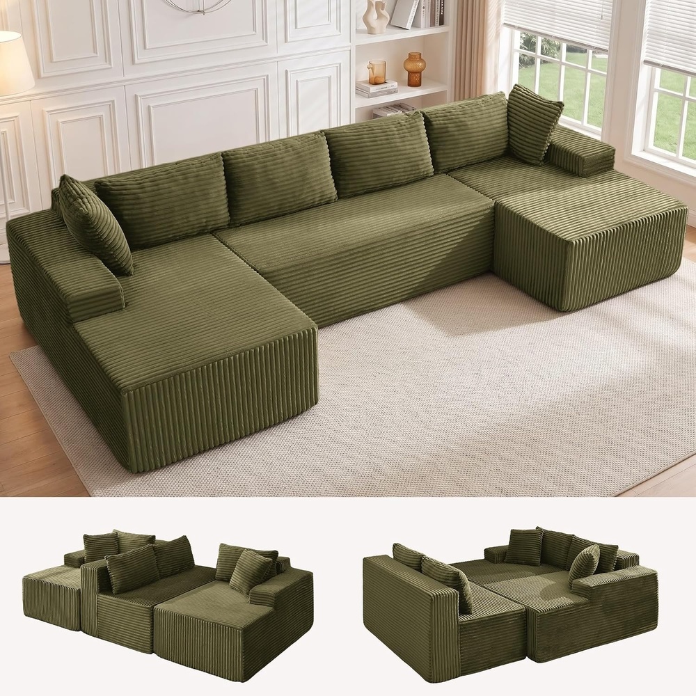 image:imageKorser 133 Oversized Modular Sectional Sofa UShaped Boneless Couch with Double Chaise Comfy Corduroy Cloud Couch Sectional Deep Seat Sectional Couches for Living Room No Assembly Required BlackGreen
