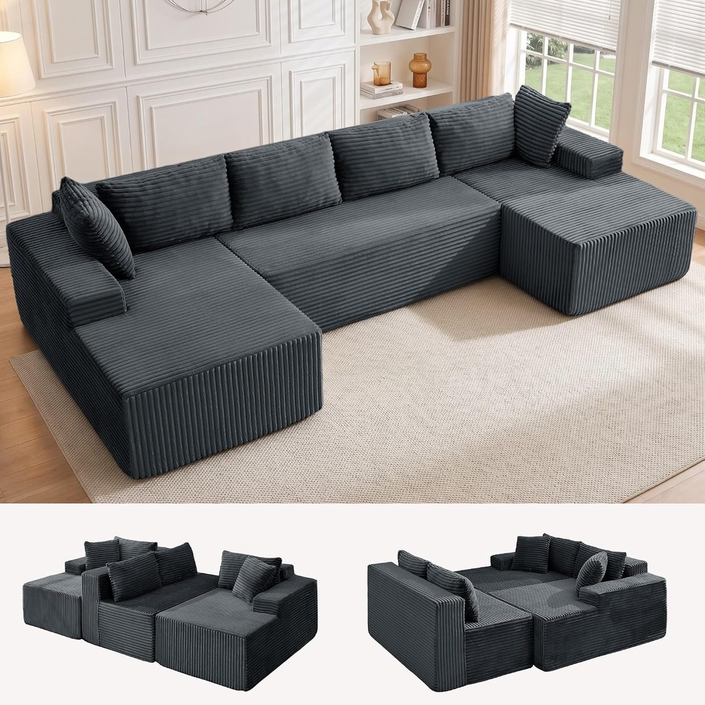 image:imageKorser 133 Oversized Modular Sectional Sofa UShaped Boneless Couch with Double Chaise Comfy Corduroy Cloud Couch Sectional Deep Seat Sectional Couches for Living Room No Assembly Required BlackGrey