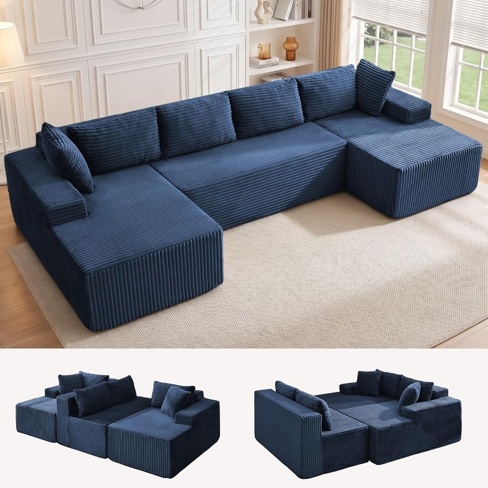 image:imageKorser 133 Oversized Modular Sectional Sofa UShaped Boneless Couch with Double Chaise Comfy Corduroy Cloud Couch Sectional Deep Seat Sectional Couches for Living Room No Assembly Required BlackBlue
