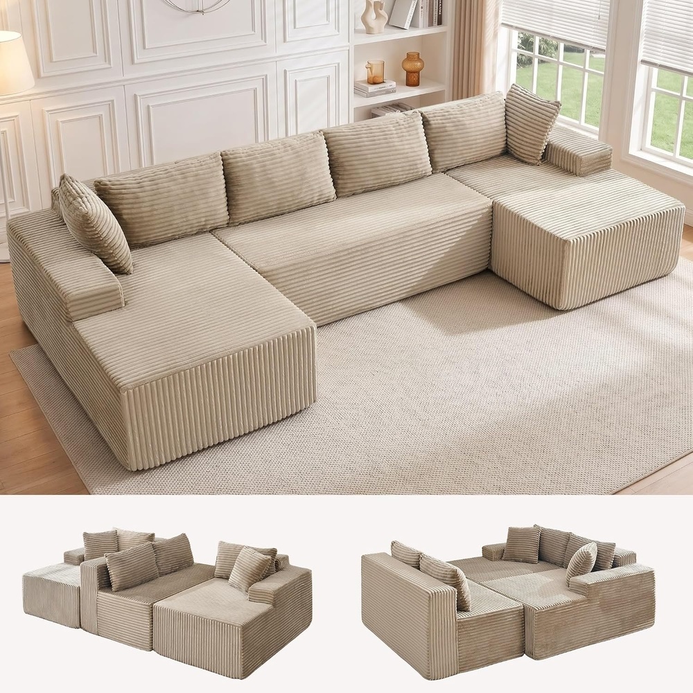 image:imageKorser 133 Oversized Modular Sectional Sofa UShaped Boneless Couch with Double Chaise Comfy Corduroy Cloud Couch Sectional Deep Seat Sectional Couches for Living Room No Assembly Required BlackKhaki