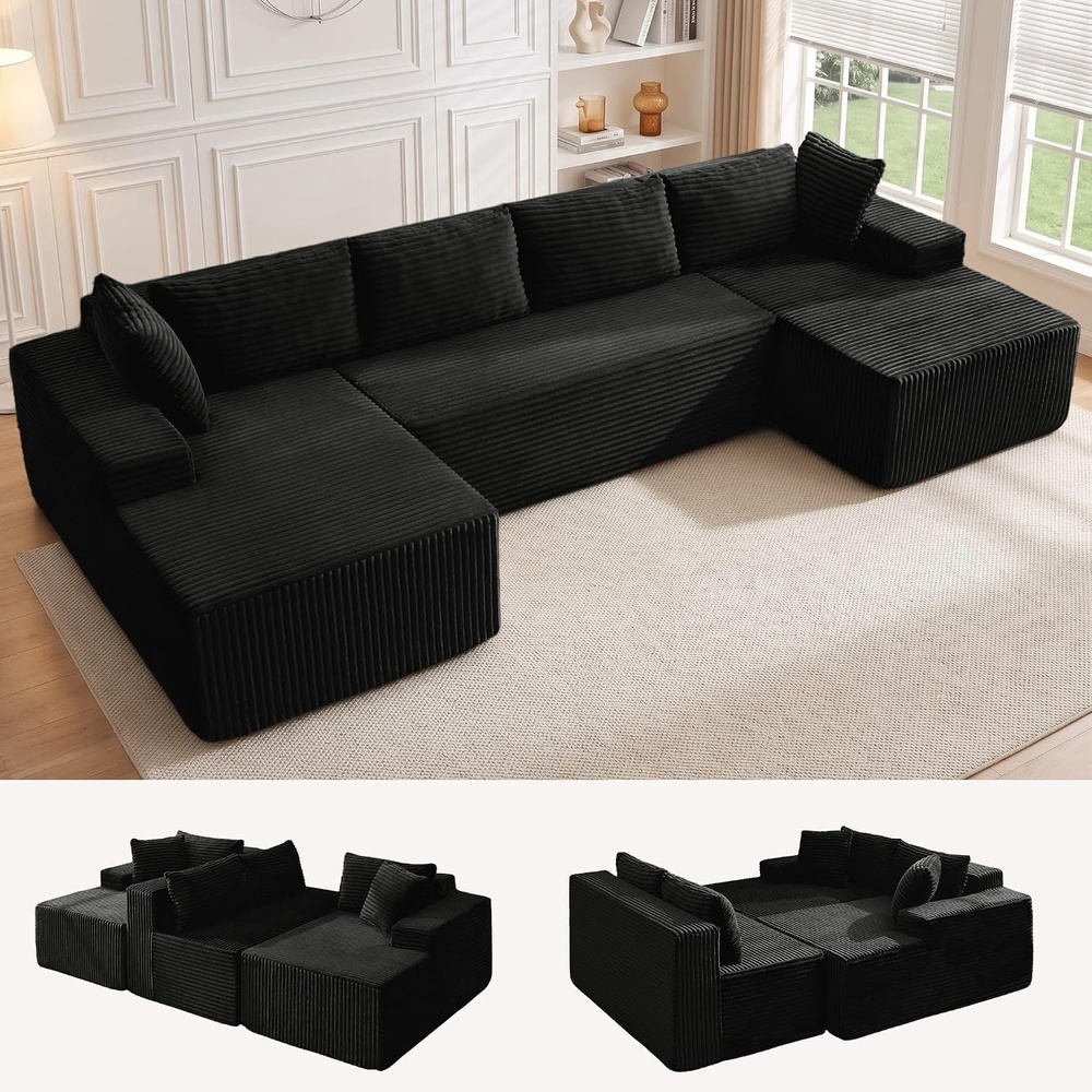 image:imageKorser 133 Oversized Modular Sectional Sofa UShaped Boneless Couch with Double Chaise Comfy Corduroy Cloud Couch Sectional Deep Seat Sectional Couches for Living Room No Assembly Required BlackBlack
