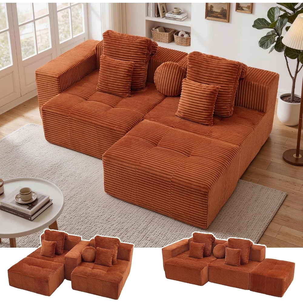 image:imageKorser 91 Cloud Sectional Couches for Living Room Convertible LShape Boneless Couch with Ottoman Comfy Modular Sectional Sofa Deep Seat Sofa with Throw Pillows for Living Room Corduroy BlackOrange