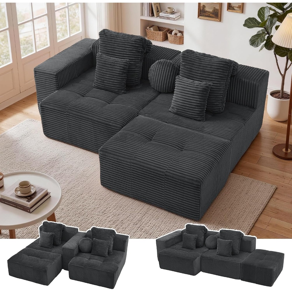 image:imageKorser 91 Cloud Sectional Couches for Living Room Convertible LShape Boneless Couch with Ottoman Comfy Modular Sectional Sofa Deep Seat Sofa with Throw Pillows for Living Room Corduroy BlackGrey