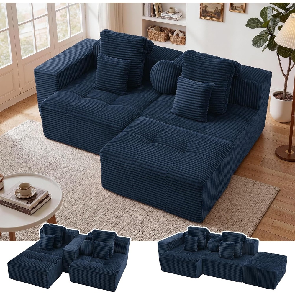 image:imageKorser 91 Cloud Sectional Couches for Living Room Convertible LShape Boneless Couch with Ottoman Comfy Modular Sectional Sofa Deep Seat Sofa with Throw Pillows for Living Room Corduroy BlackBlue