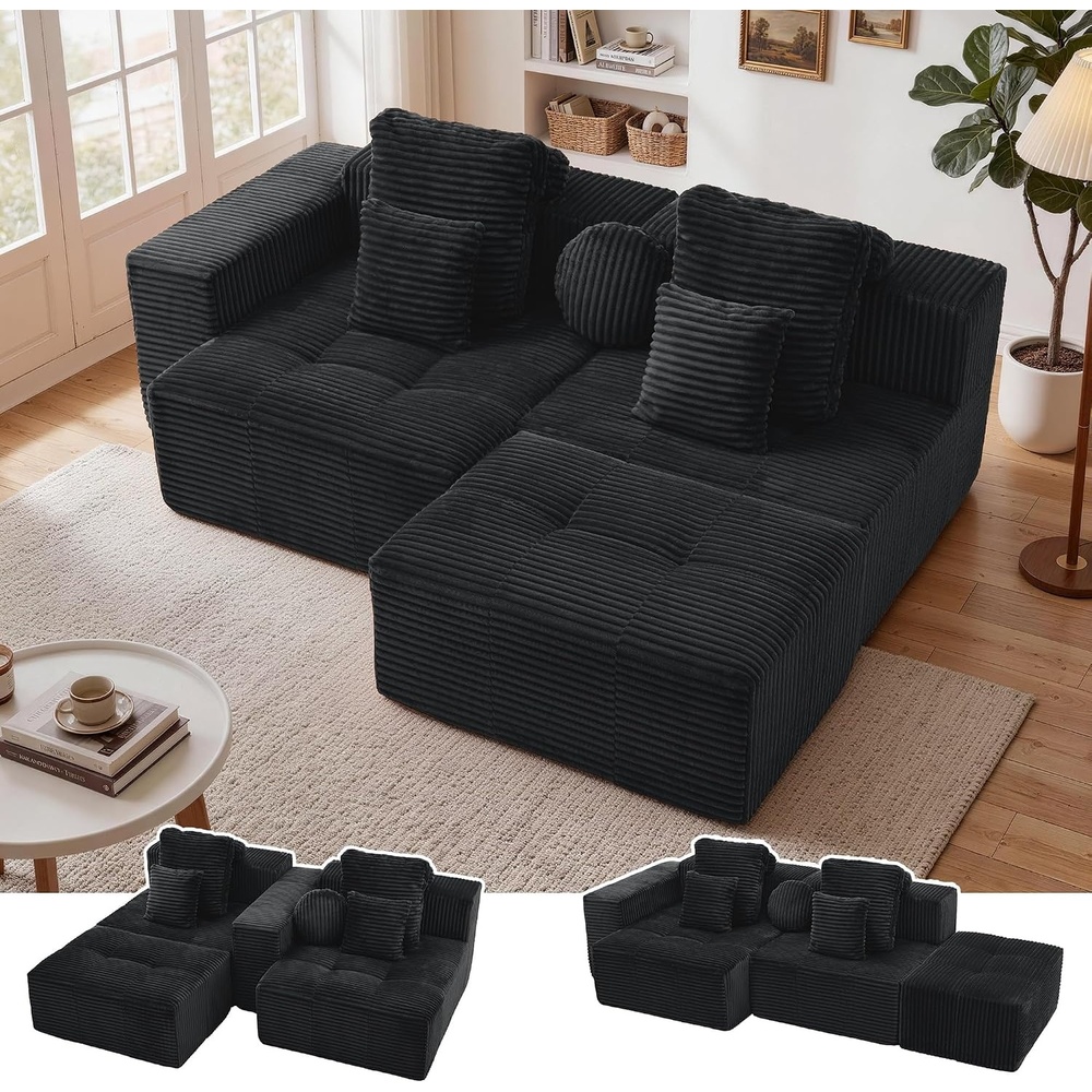image:imageKorser 91 Cloud Sectional Couches for Living Room Convertible LShape Boneless Couch with Ottoman Comfy Modular Sectional Sofa Deep Seat Sofa with Throw Pillows for Living Room Corduroy BlackBlack