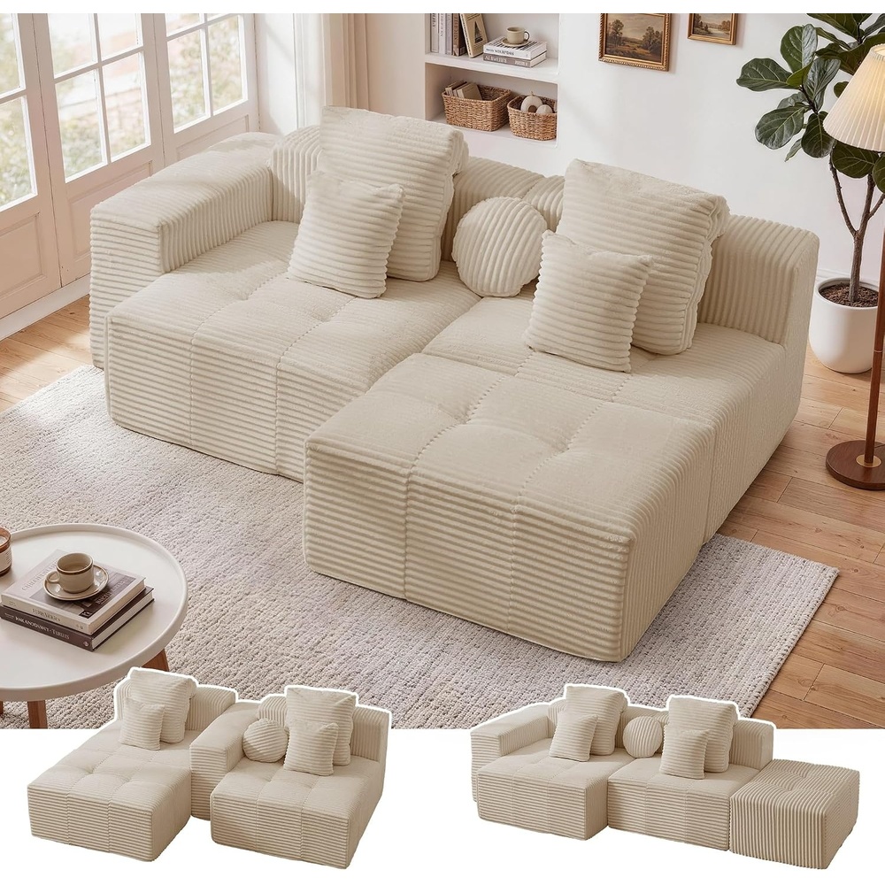 image:imageKorser 91 Cloud Sectional Couches for Living Room Convertible LShape Boneless Couch with Ottoman Comfy Modular Sectional Sofa Deep Seat Sofa with Throw Pillows for Living Room Corduroy BlackKhaki