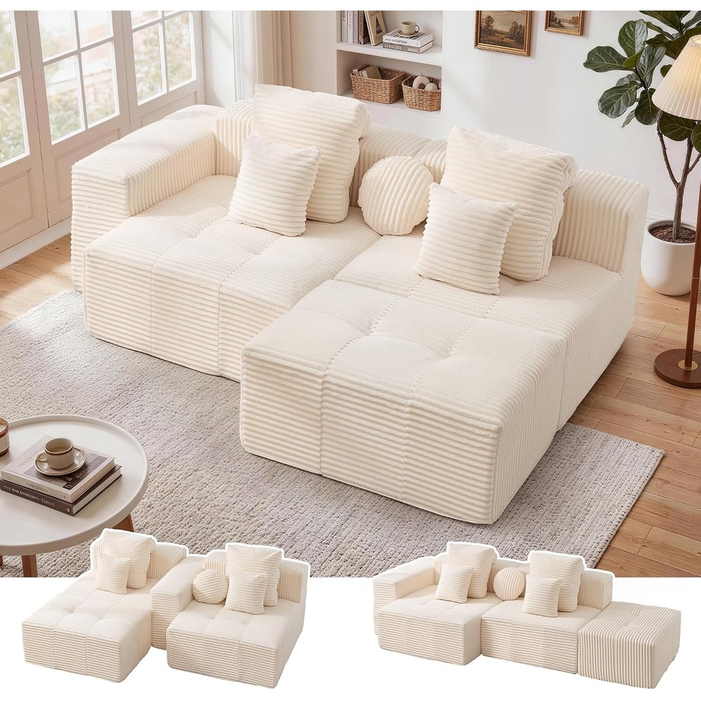 image:imageKorser 91 Cloud Sectional Couches for Living Room Convertible LShape Boneless Couch with Ottoman Comfy Modular Sectional Sofa Deep Seat Sofa with Throw Pillows for Living Room Corduroy BlackBeige