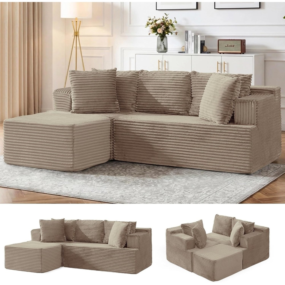 image:imageKorser Cloud Modular Sectional Sofa with LShaped Boneless Couches for Living Room Fluffy Comfy Corduroy Deep Seat with Ottoman Bedroom Apartment No Assembly RequiredKhaki