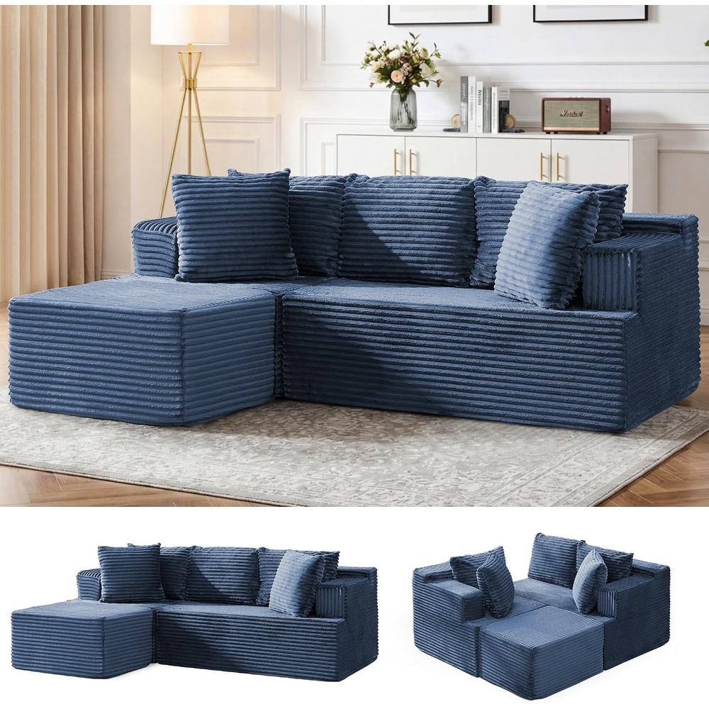 image:imageKorser Cloud Modular Sectional Sofa with LShaped Boneless Couches for Living Room Fluffy Comfy Corduroy Deep Seat with Ottoman Bedroom Apartment No Assembly RequiredBlue