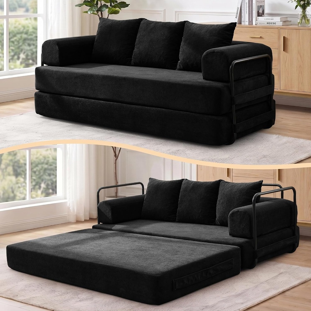 image:imageKorser Convertible Sofa Bed Chenille Folding Boneless Couch with Cylindrical Pillows Modern Loveseat Sofa with FixedShape Frame Futon Couch Sleeper Sofa for Living Room Apartment Bedroom BlackBlack